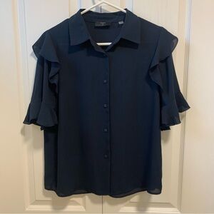 TAHARI Navy Ruffle Trim Button Front 100% Polyester Blouse